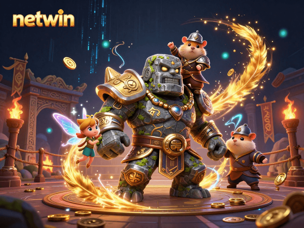 Experience thrilling adventures at netwin with a vibrant 3D illustration showcasing magical characters and casino elements.