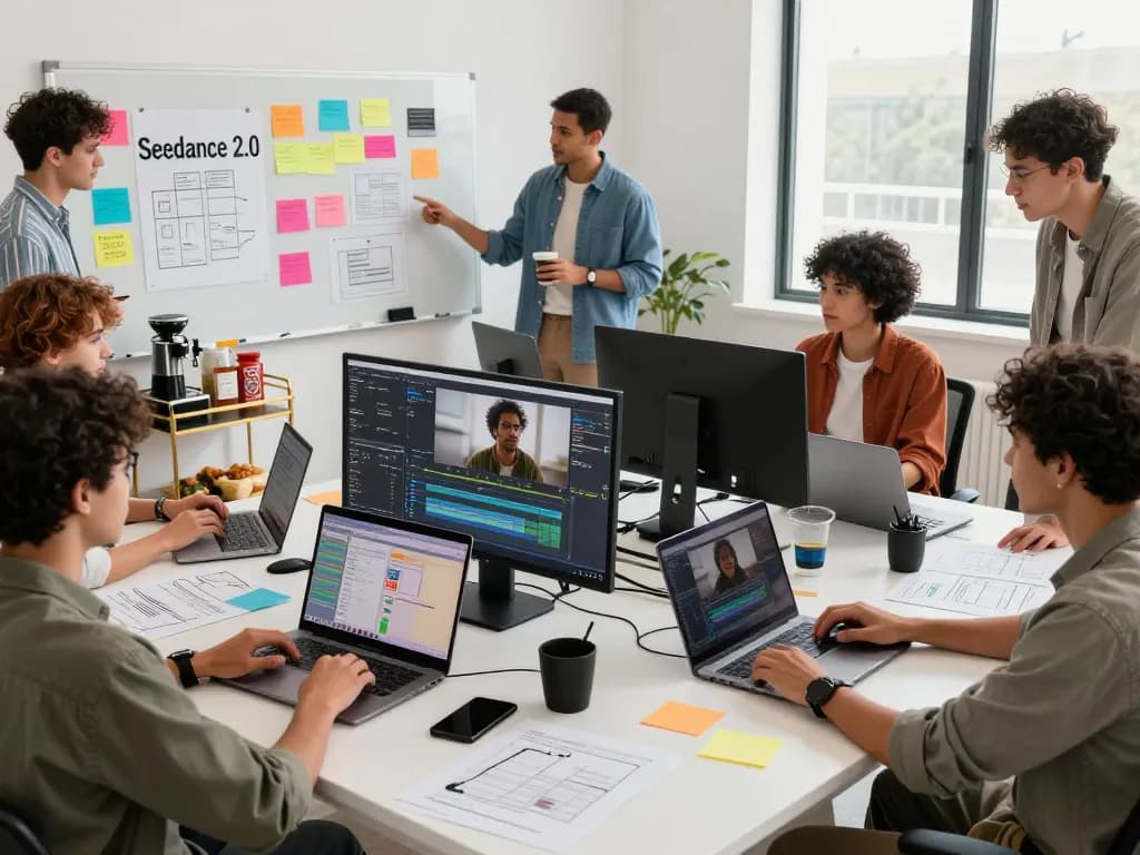 Creative professionals using seedance 2.0 in a vibrant digital workspace for dynamic video production.