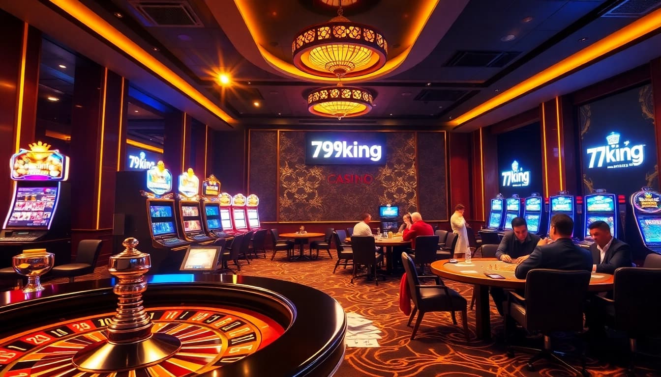 Experience the thrill of gambling with 79king in a luxurious casino setting featuring roulette and poker tables.