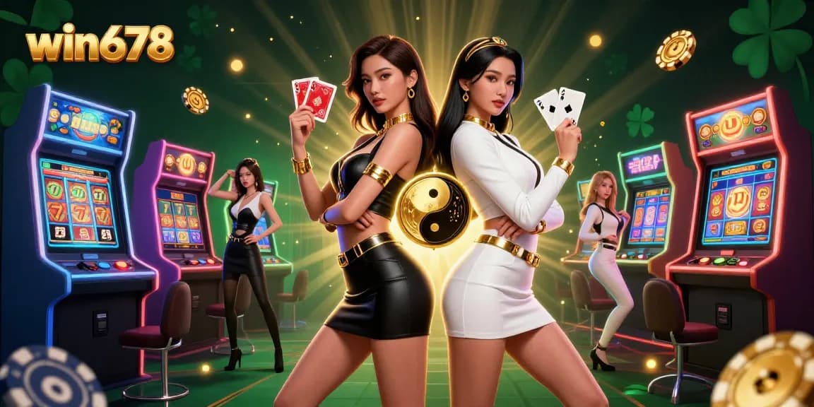 Experience the thrill at win678 with vibrant twin Asian women holding playing cards amidst exciting casino elements.