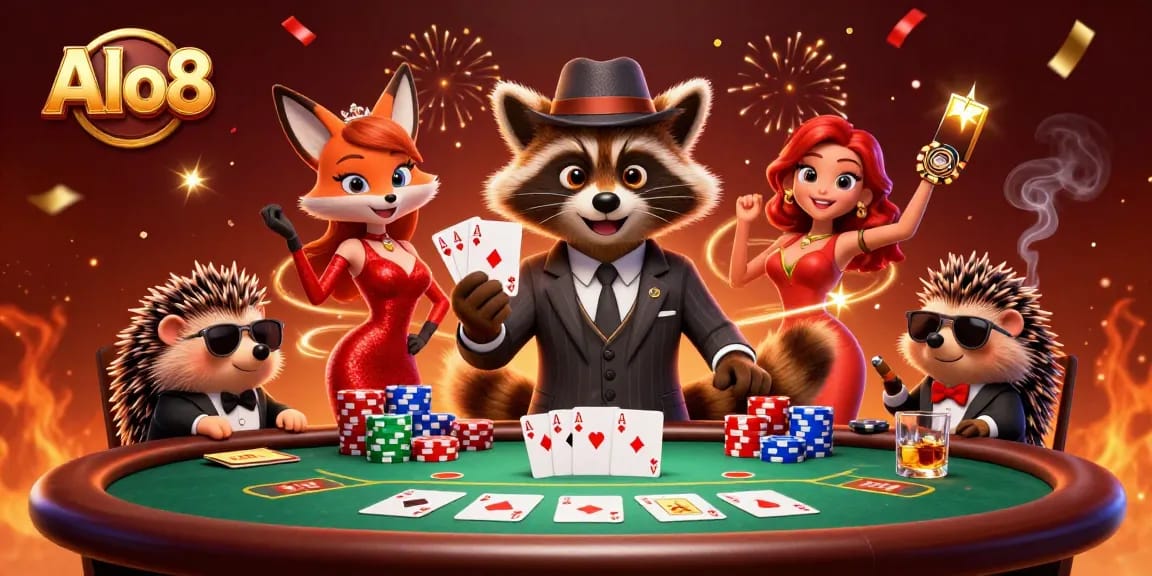 Alo8 showcases a vibrant casino scene with a suave raccoon, fox lady, and hedgehog bouncer at a dynamic poker table.