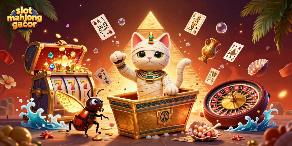 Experience slot mahjong gacor with a playful mummy cat and glowing scarab in a vibrant casino setting.