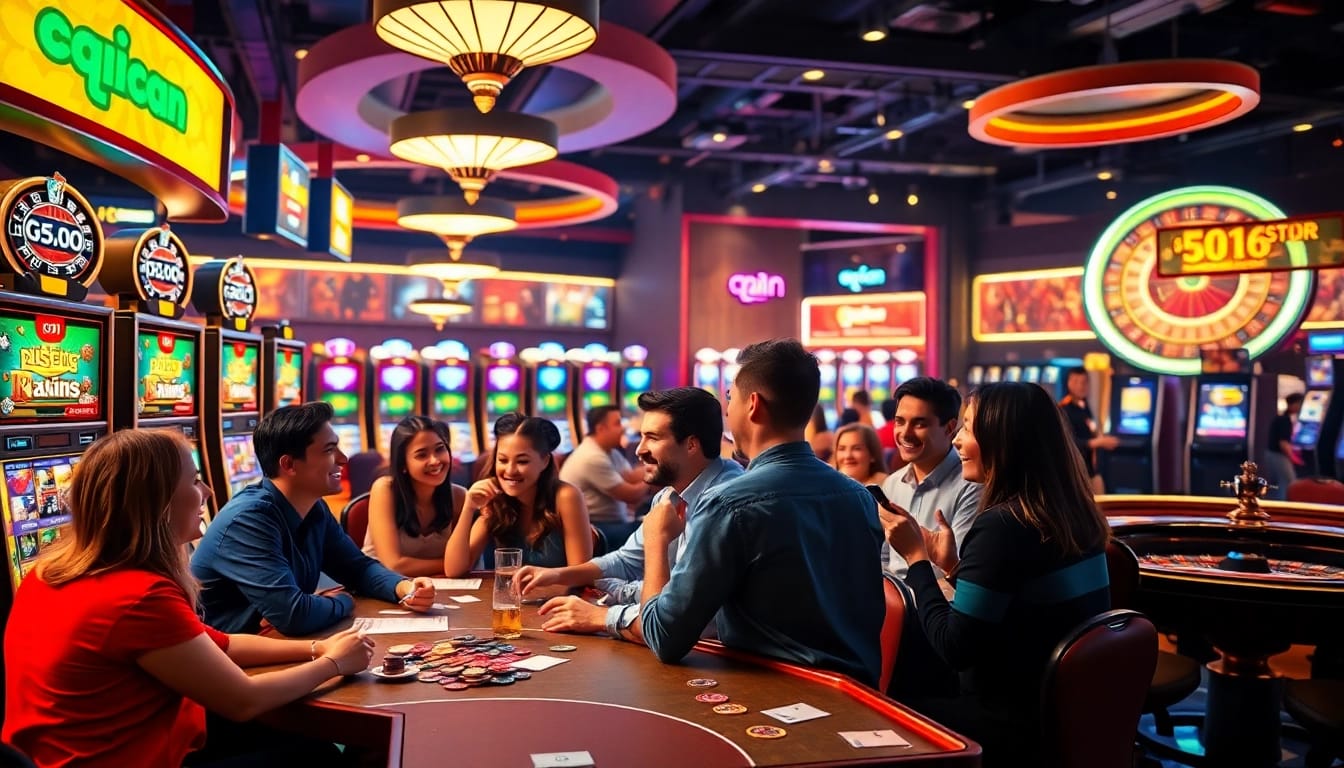 Experience thrilling gameplay at qqmacan with friends at a vibrant casino, celebrating wins.