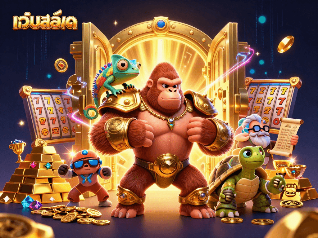 Engage with เว็บสล็อต as the gorilla king and companions uncover treasures in a vibrant casino setting.
