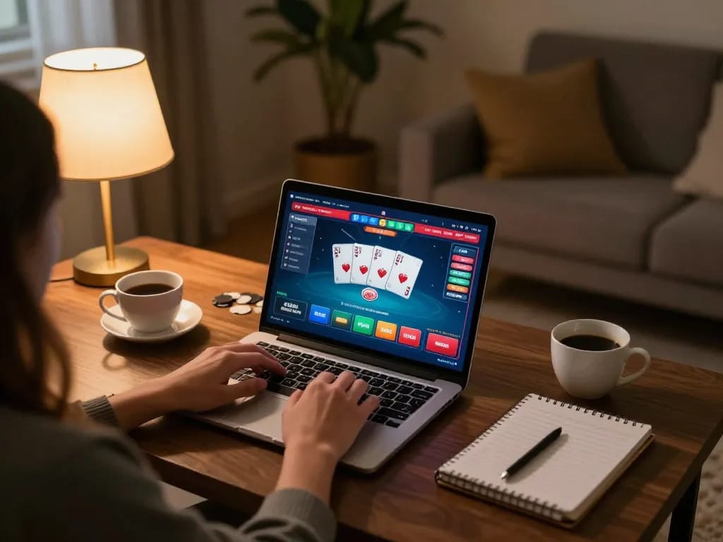Player strategizing in a cozy home setup for online poker at 388bet.
