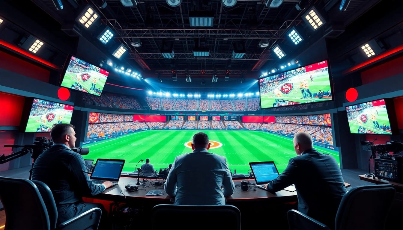 Engaging sports broadcasting scene featuring hosts and vibrant game visuals.