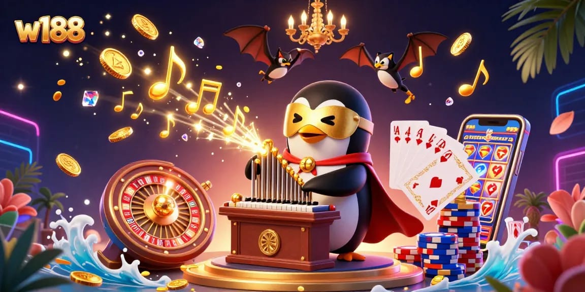 Experience the excitement of w188 with a cartoon penguin playing an organ shooting golden coins.