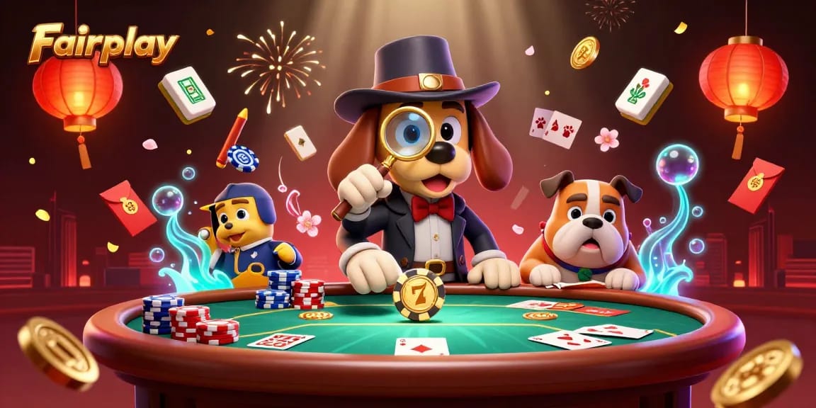 Engage in Fairplay with a thrilling poker scene showcasing a detective and bulldog amidst vibrant casino elements.