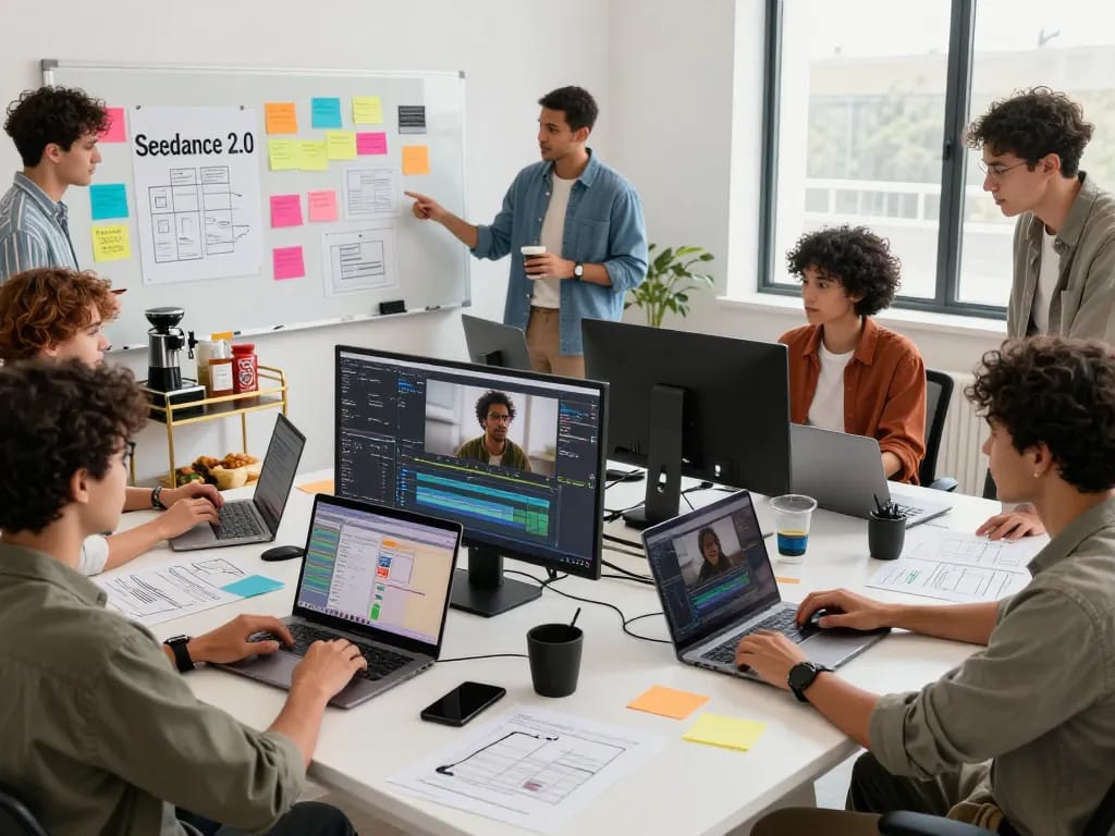 Creative professionals using seedance 2.0 in a vibrant digital workspace for dynamic video production.