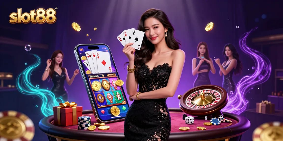 Rasakan keseruan dengan slot88 yang menampilkan wanita Asia elegan memegang kartu permainan yang menang.