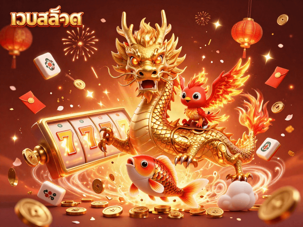 Engage in เว็บสล็อต action with the dazzling scene of a dragon and phoenix amidst vibrant slots and festive energy.
