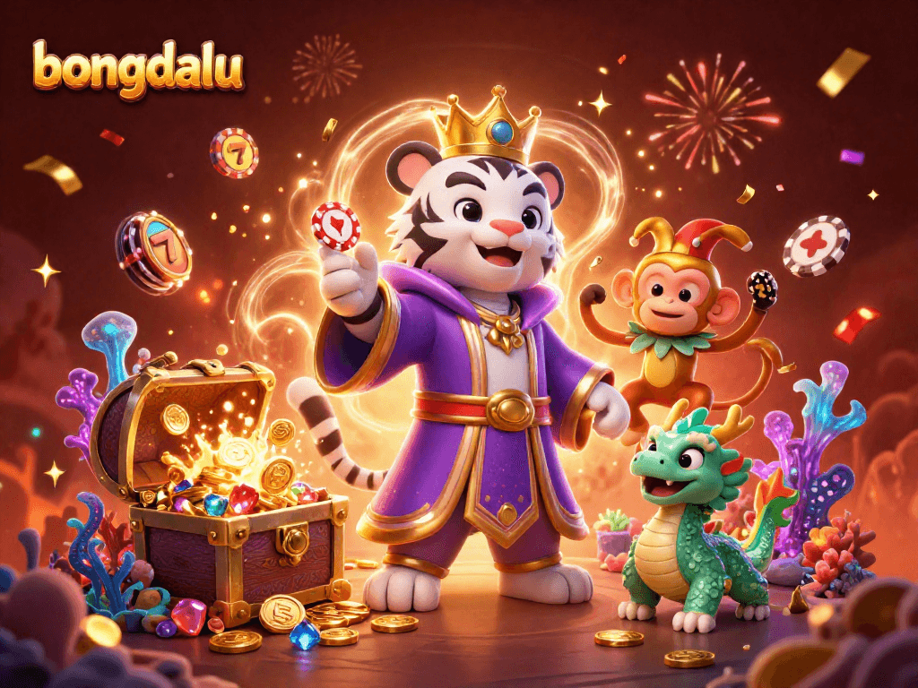 bongdalu features a lively 3D scene with a royal tiger and jester monkey at a colorful casino