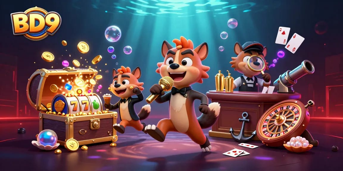 Experience the excitement at BD9, a vibrant casino scene with cartoon hyenas, games, and golden treasures!