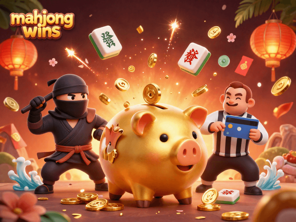 Experience mahjong wins with vibrant scenes featuring playful casino characters in action.