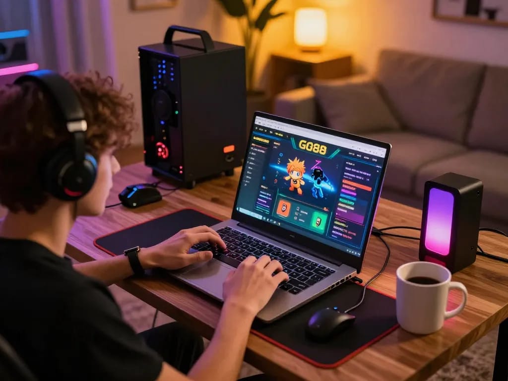 Engaging home gaming scene with GO88 online casino setup, showcasing strategic gameplay.