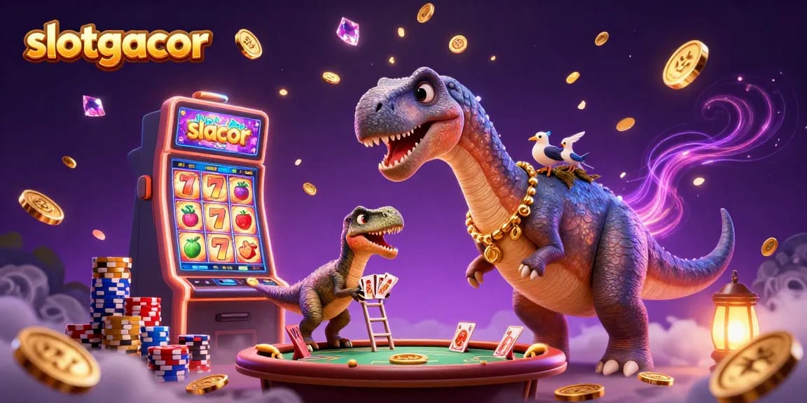 Engage with slotgacor at a bustling casino scene featuring a charming brontosaurus and vibrant games.