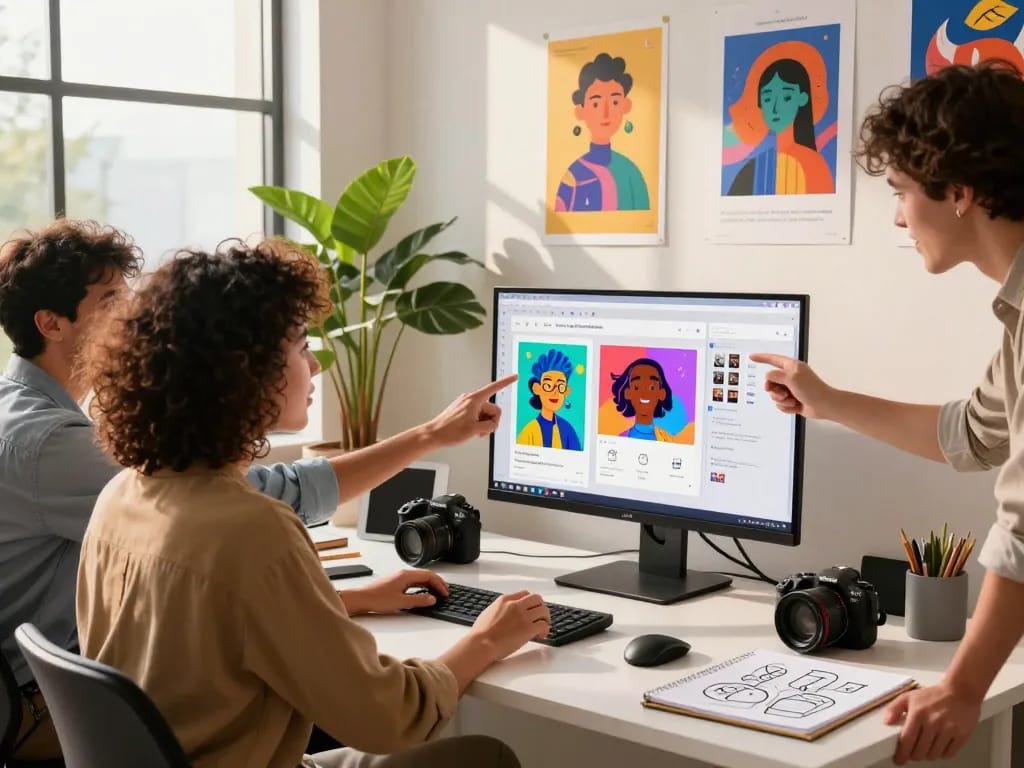 A diverse team collaborating on the Nano Banana AI image editor in a vibrant creative workspace.