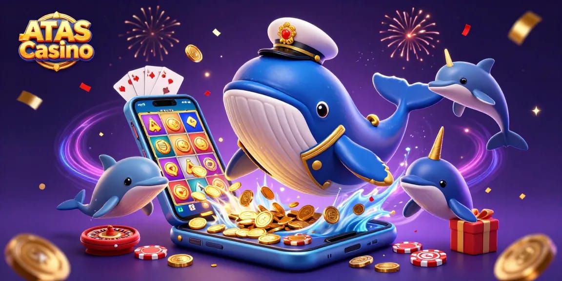 ATAS Casino showcases a whimsical 3D scene with a whale and dolphins celebrating around casino elements.