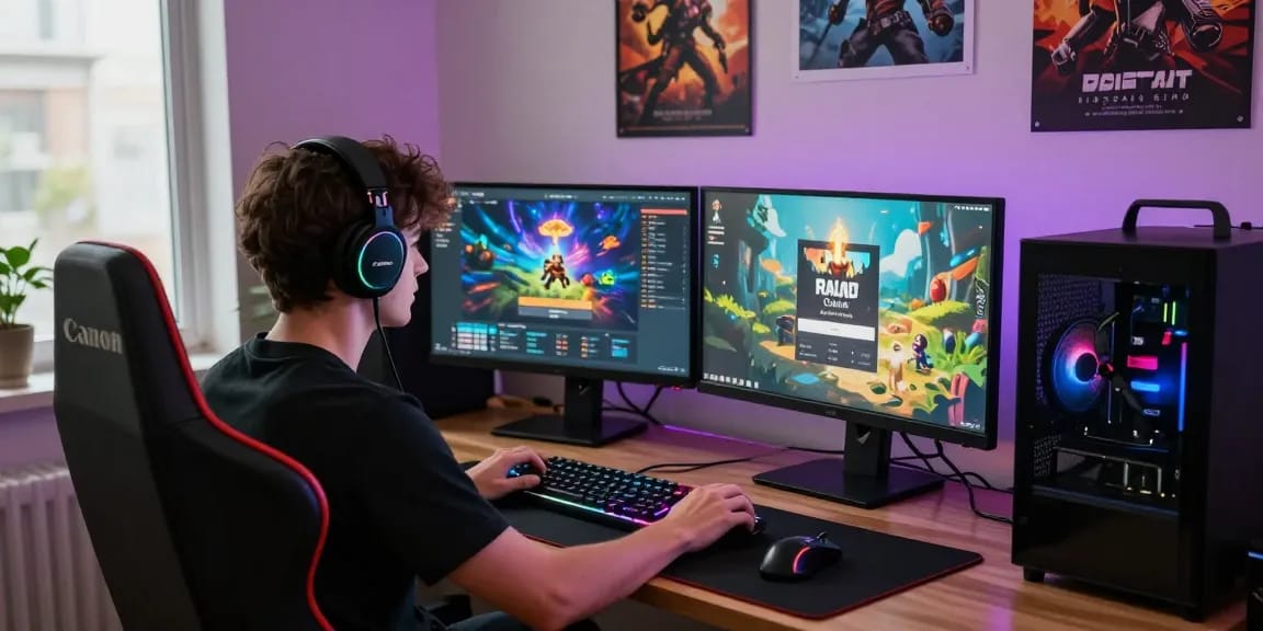 Raja Game login screen with an enthusiastic gamer focused at their modern desk.