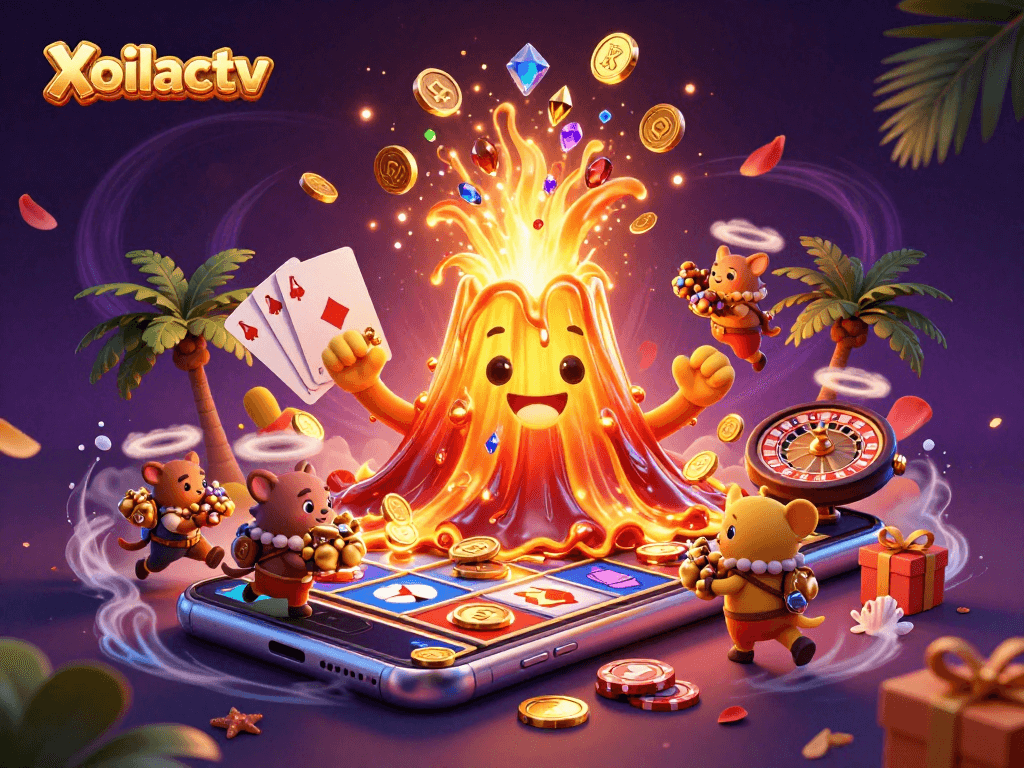 Xoilactv showcases triumphant golden volcano erupting gems, coins, and thrilling slot elements.