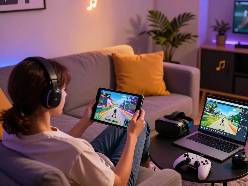 Relaxed individual engaging in a sex game on a tablet, showcasing vibrant gaming accessories.