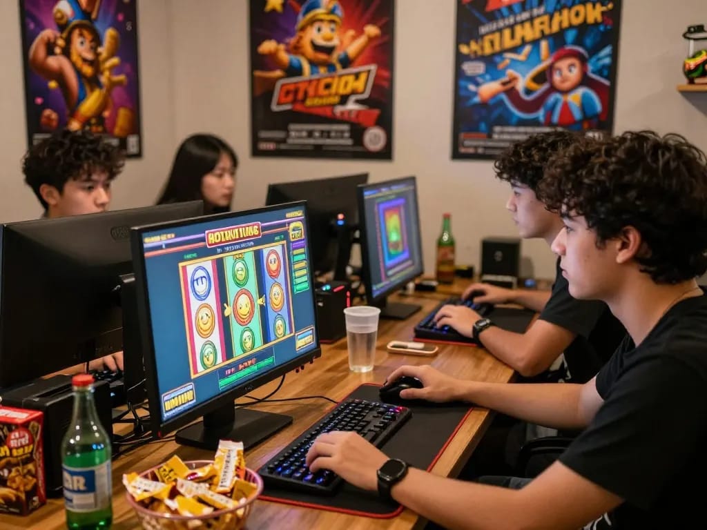 A group of friends enjoying a thrilling session of slot gacor games together, surrounded by colorful graphics and cozy atmosphere.