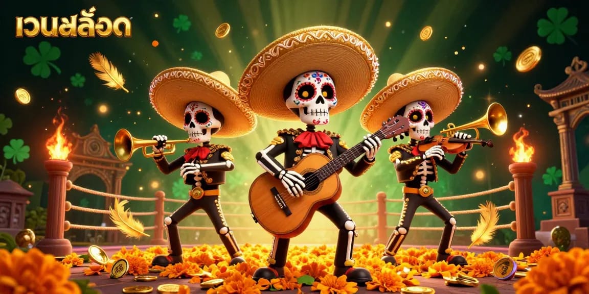 Engage in เว็บสล็อต excitement with a colorful 3D mariachi band celebrating with golden coins and vibrant casino elements.