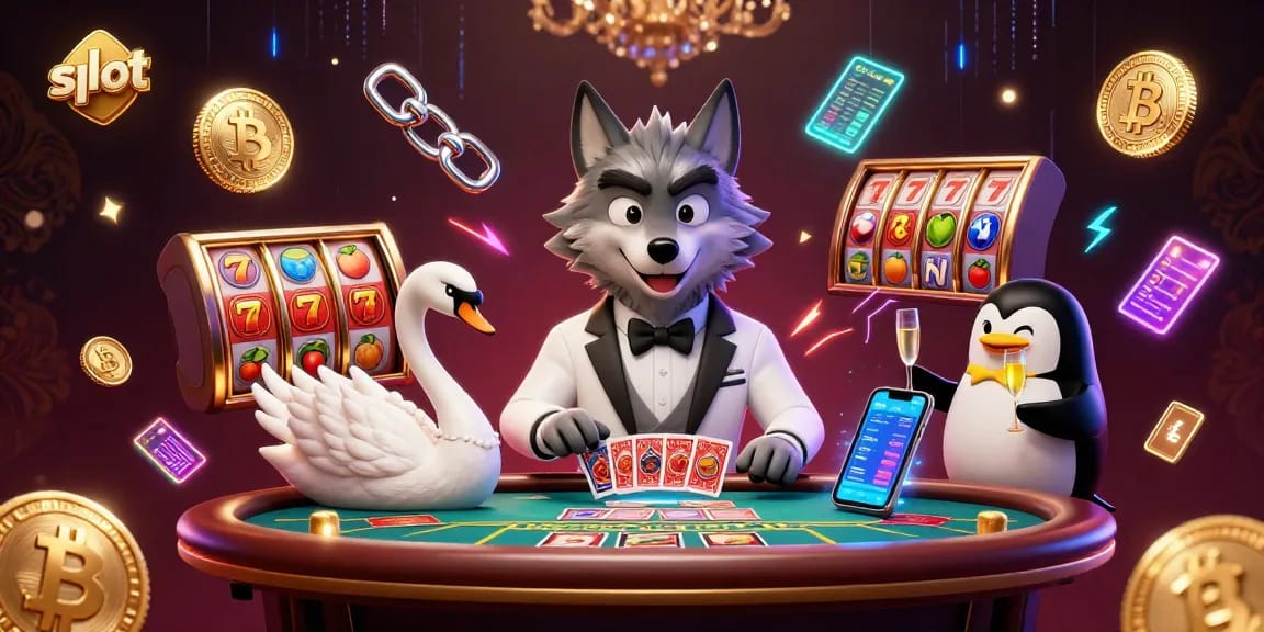 Permainan slot menarik dengan karakter serigala, angsa, dan penguin, penuh dengan simbol keberuntungan.