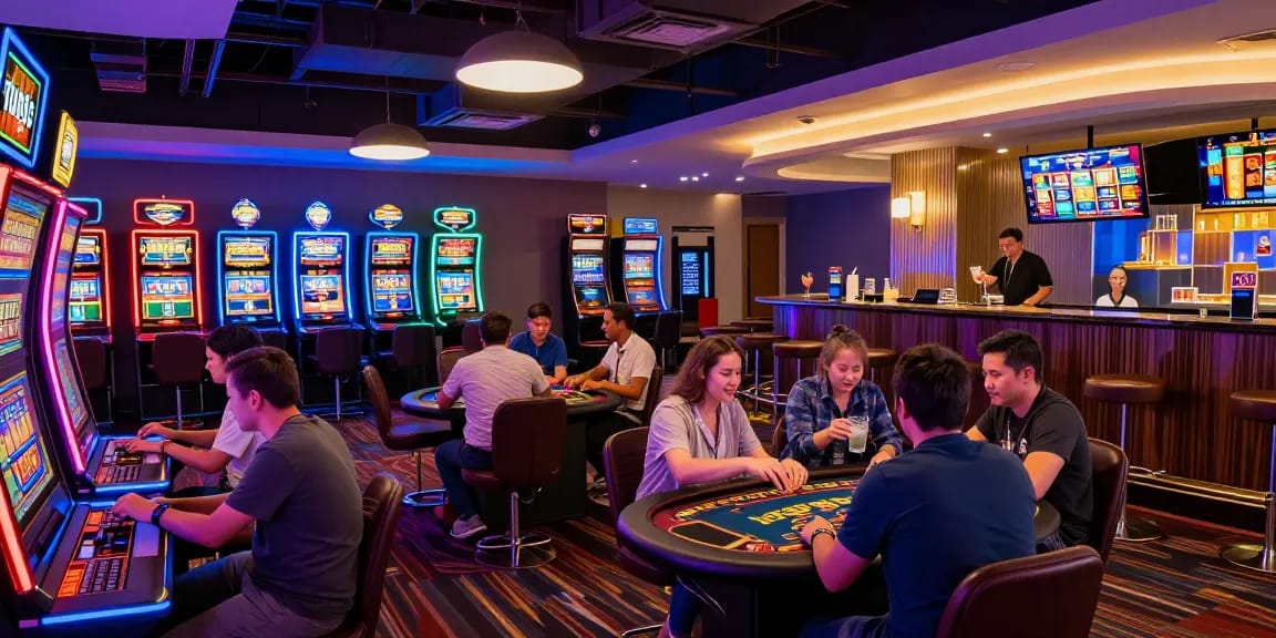Exciting interior of credit card casinos with players at tables and bright lights.