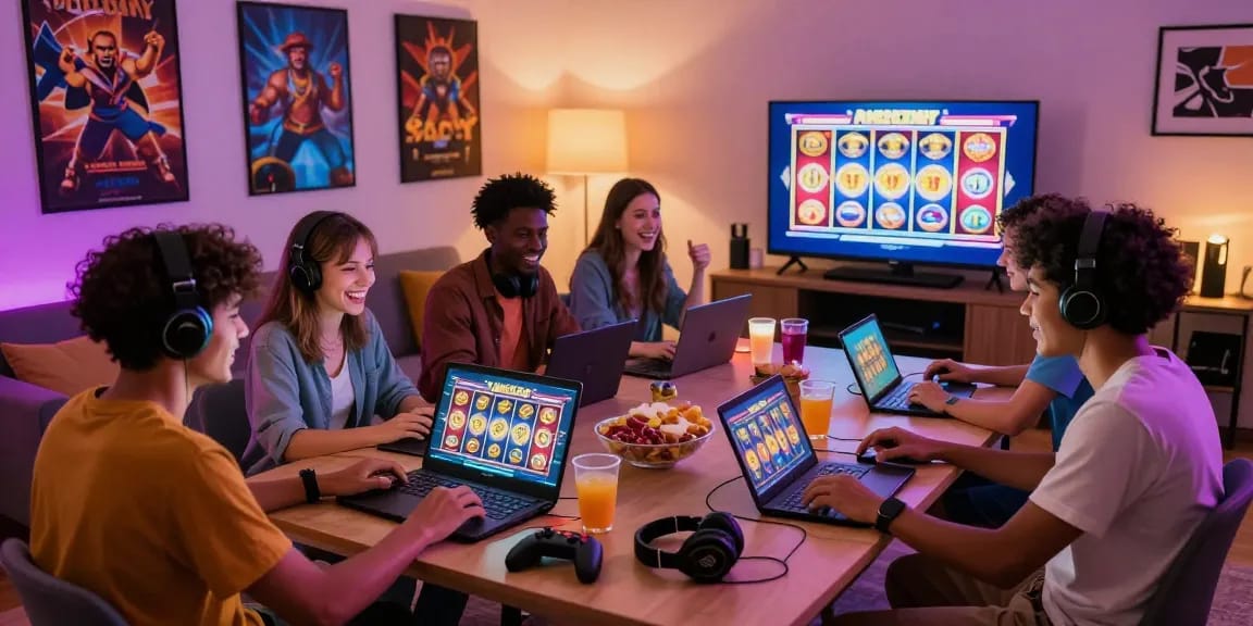 Friends enjoying slot online gacor in a vibrant gaming setup.