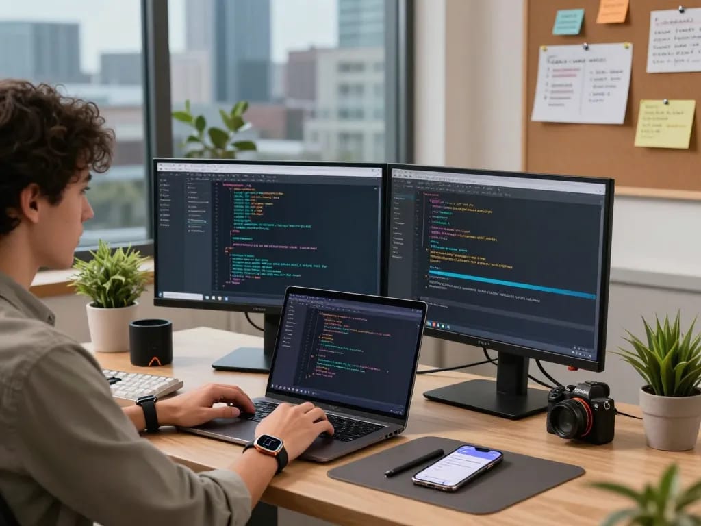 Developer coding with OpenClaw on dual monitors in a modern tech workspace