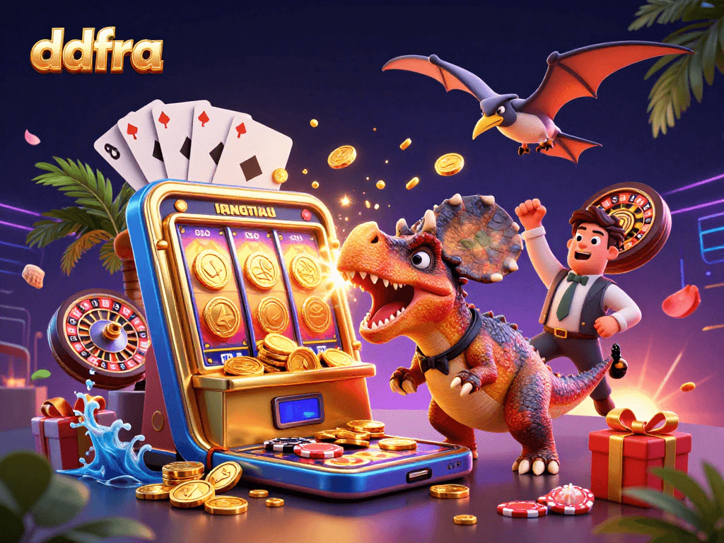 ddfra players enjoy thrilling jackpot moments with cartoon dinosaurs in a vibrant casino scene