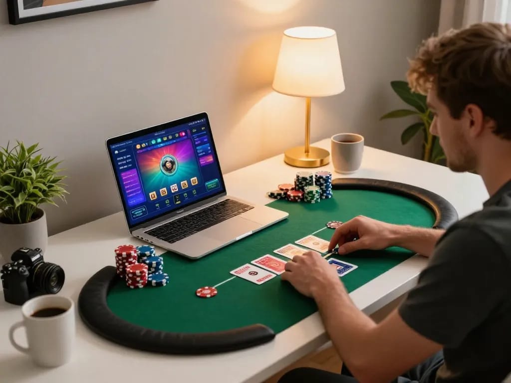 W69 poker player engaged in online game with vibrant interface and cozy setup