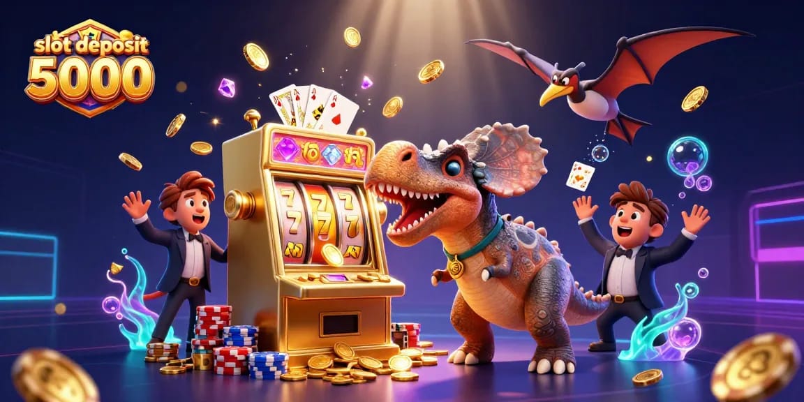 Experience thrilling wins at slot deposit 5000 with vibrant characters headbutting a golden slot machine.