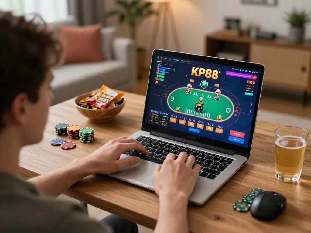 Engaging online gaming scene at KP88 with player focused on casino laptop screen.