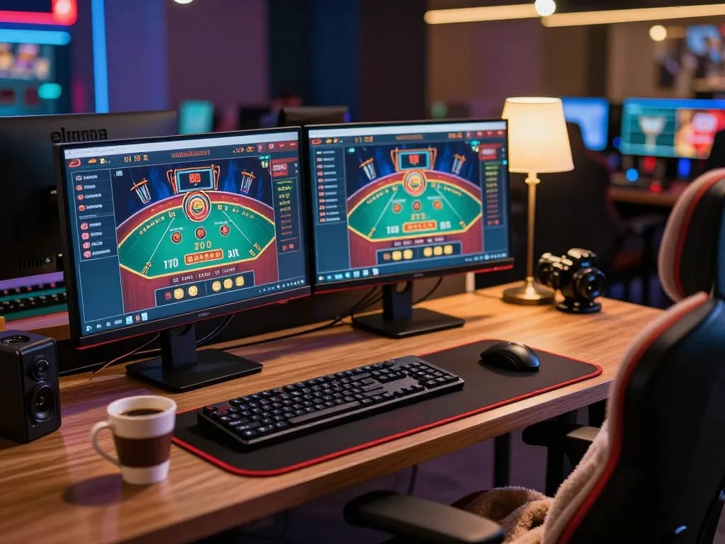 Player engaging with nhà cái cm88 online setup, showcasing live dealer games for an immersive gambling experience.