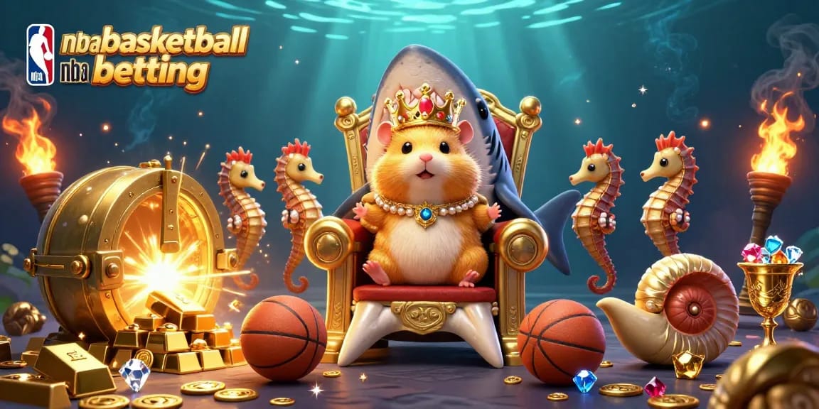 Engage in nba basketball betting with a golden hamster king and seahorse guards in a treasure-filled underwater scene.