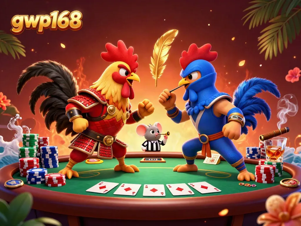 GWP168 menyajikan duel ayam jantan di kasino dengan tumpukan chip poker yang mencolok.