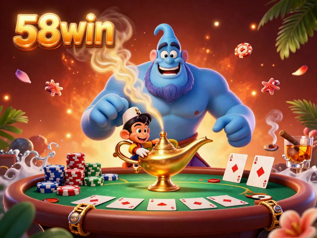 Experience the thrill of 58win with a lively casino scene featuring a blue genie, monkey, and poker elements.
