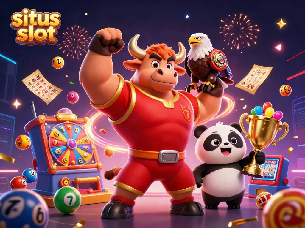 Menggambarkan karakter situs slot dengan simbol buah, jackpot, dan koin emas di sekitar