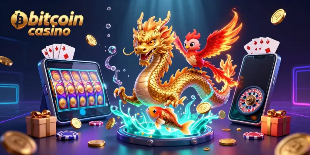Experience the excitement of a bitcoin casino with vibrant dragons and dynamic game elements.