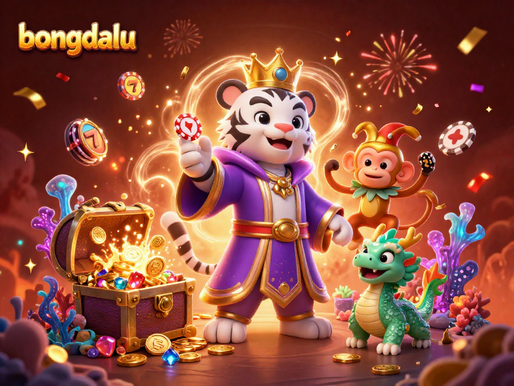 bongdalu features a lively 3D scene with a royal tiger and jester monkey at a colorful casino