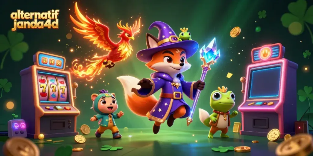 Nikmati permainan slot janda4d dengan penyihir, phoenix, dan simbol keberuntungan yang menawan.