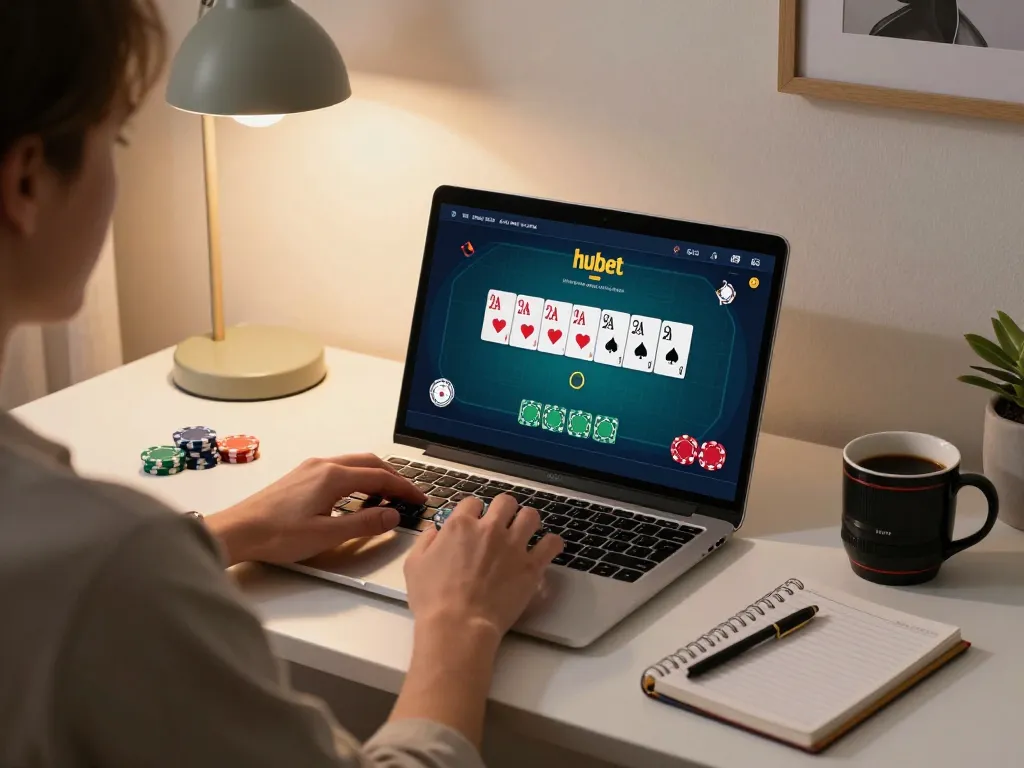 Engaging in hubet online poker gameplay at home, showcasing strategy notes and cozy ambiance.