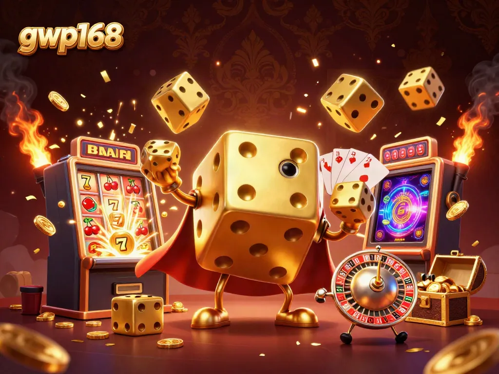 GWP168 menawarkan pengalaman bermain penuh dengan simbol slot, dadu emas, dan jackpot berkilauan.