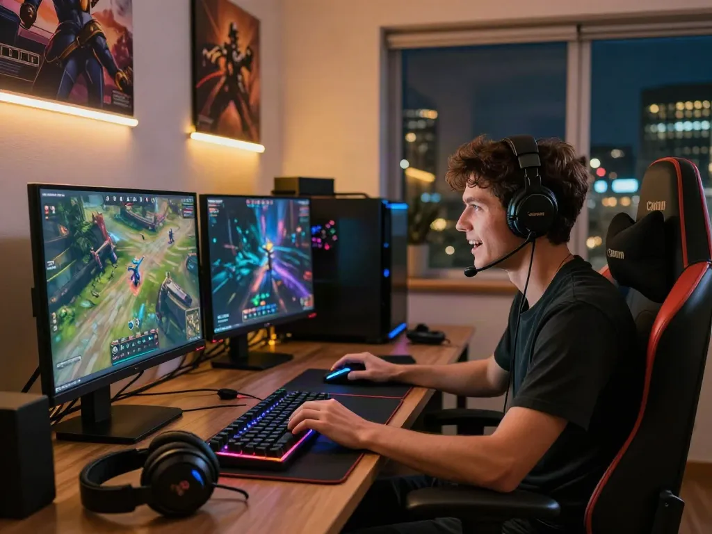 Gamer bersemangat bermain di platform nyonya4d dengan peralatan gaming modern dan pencahayaan RGB yang memukau.