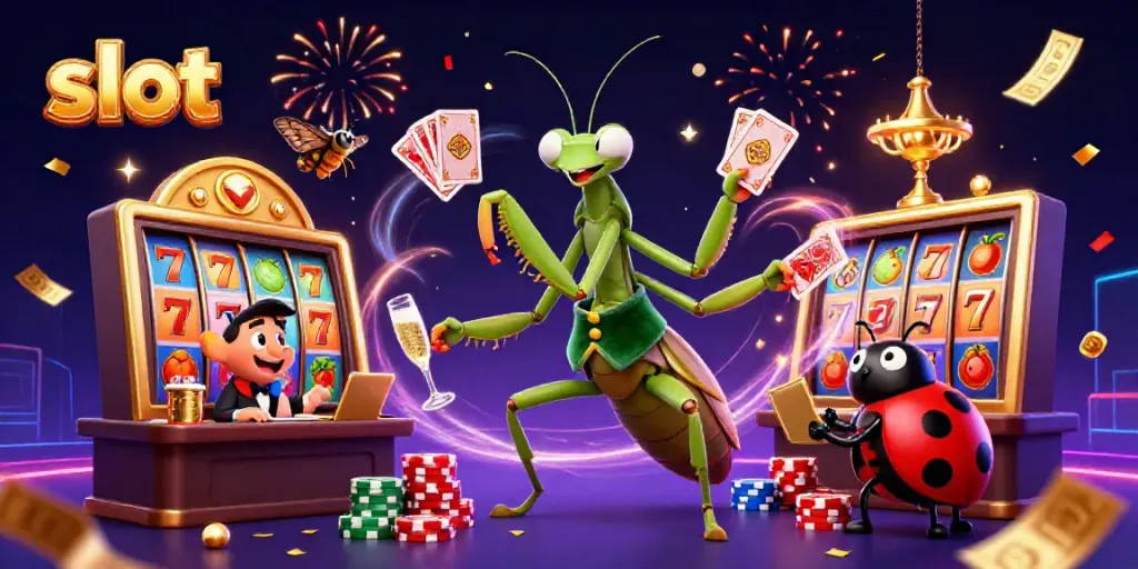 Experience the excitement of slot games with a vibrant scene featuring a giant praying mantis and ladybug at the casino.