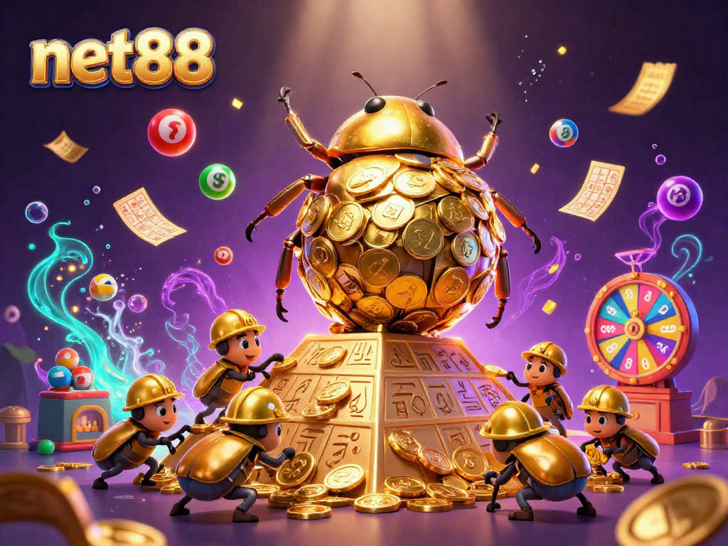 Engage with net88 through a colorful scene of a golden dung beetle casino adventure, capturing energy and elements.