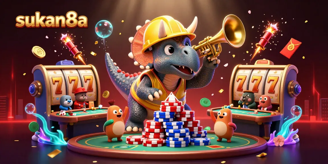 Sukan8a showcases a festive casino scene with a joyful triceratops building poker chip pyramids.