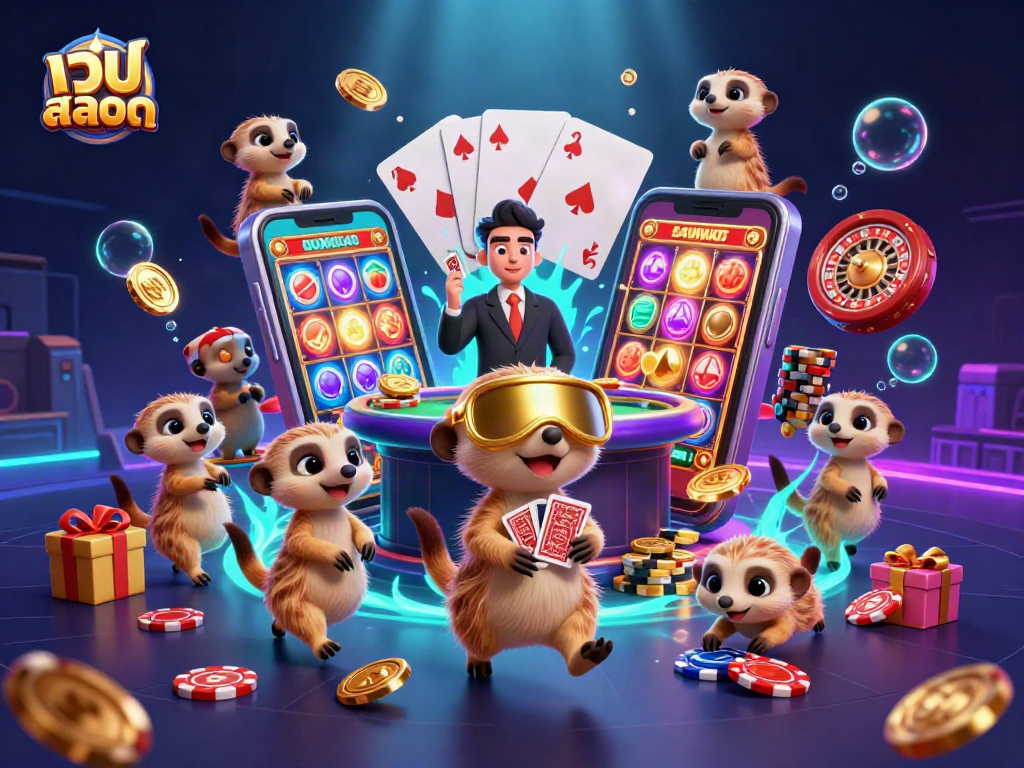 Experience thrilling moments at เว็บสล็อต with meerkats running a vibrant casino operation.